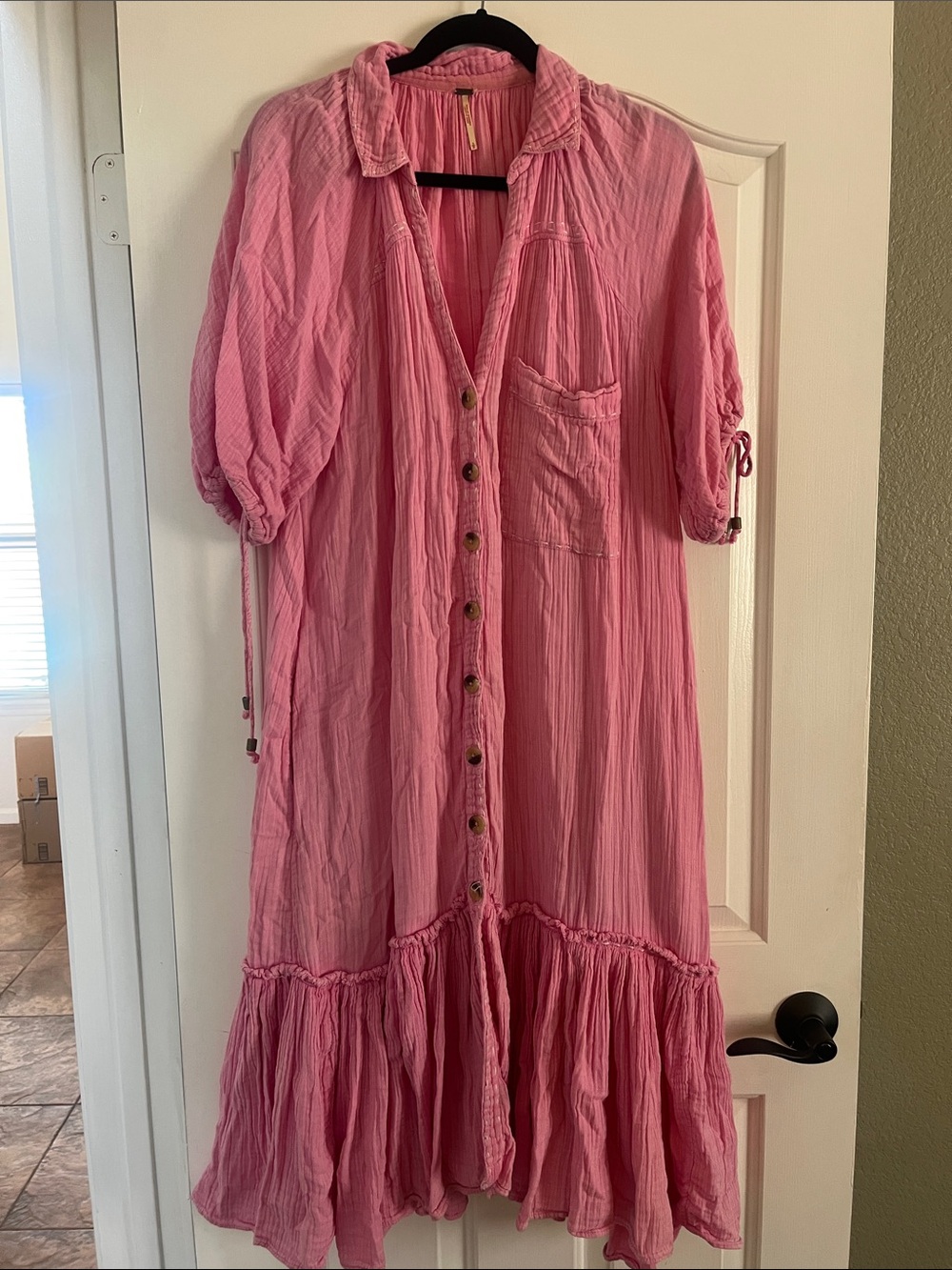 Free People Pink Crinkle Maxi Shirt Dress with Ruffle Hem